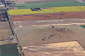 Luftaufnahme von ausgedehntem Ackerland mit einem Flickenteppich aus gelben, grünen und braunen Feldern und einer kurvenreichen Straße, Melton, Victoria, Australien