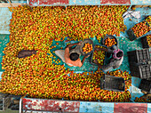 Dhaka,Bangladesh - 27 February 2023: Aerial view of people trading with fruits and vegetables on boats along the river in Dhaka,Bangladesh