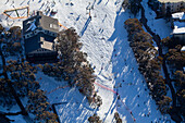 Luftaufnahme des Skigebiets Mount Buller mit Menschen, die auf verschneiten Pisten Ski fahren, Victoria, Australien
