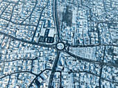 Aerial view of falling snow in the residential area Kingersheim,Mulhouse,Alsace,France