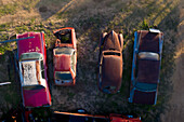 Aerial view of abandoned vintage cars in a junkyard at sunset,Joostenberg Vlakte,Western Cape,South Africa