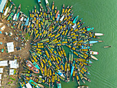 Aerial view of floating market of seasonal fruits on the boats in Kaptai Lake,Rangamati,Bangladesh