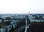 Aerial view of five storey houses and The Sts. Peter and Paul Cathedral of Šiauliai,Lithuania