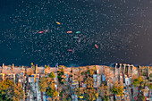 Aerial view of people feeding birds on a fishing boat along the Yamuna river in New Delhi,India