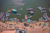 Aerial view of boats docked along the Ganges river in Varanasi,Uttar Pradesh,India