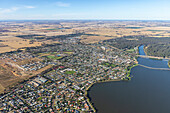 Aerial view of beautiful Yarrawonga with its scenic lake and residential areas surrounded by fields,Victoria,Australia