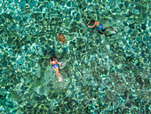 Aerial view of two people snorkeling with turtle in Panagsama Beach,Philippines