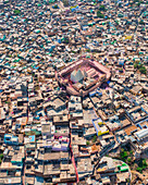 Aerial view of people celebrating the holy colour festival near the Shri And Baba Temple,Uttar Pradesh,India