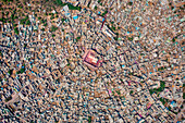 Aerial view of people celebrating the holy colour festival near the Shri And Baba Temple,Uttar Pradesh,India