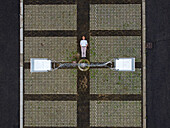 Aerial view of a geometric urban landscape with a grid pattern and a man standing on concrete paving,Serravalle Scrivia,Alessandria,Italia