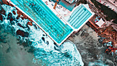 Aerial view of a Icebergs Bondi Yacht Club during the end of the day,State of New South Wales,Sydney,Australia
