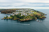 Aerial view of Fowey little town along the coast in Cornwall,England
