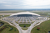 Aerial view of modern airport with runway and parking,Canelones,Uruguay