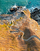 Aerial view of Bedruthan Carnewas Steps beach at sunset,Cornwall,United Kingdom