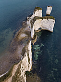 Luftaufnahme von Old Harry Rocks, einer Kreideformation bei Sonnenaufgang, Ballard Down, Studland, Dorset, Vereinigtes Königreich