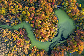 Aerial view of a narrow stream near Mathiessen Lake in Autumn near Oglesby,Illinois,United States