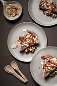 Almond cake with caramel sauce and walnuts