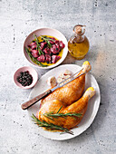 Marinated chicken legs and marinated game meat