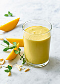 Power protein drink with silken tofu, mango and almond drink