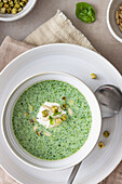 Basil soup with crème fraîche, pine nuts and pesto croutons