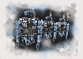 Robots on production line, illustration