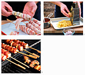 Prepare currywurst on a skewer with bacon and fried potatoes