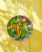 Bowl mit frischem Gemüse und Frischkäsebällchen