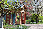 Historic pavilion in the blossoming orchard in spring