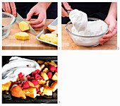 Prepare fruit with meringue and trail mix for the barbecue