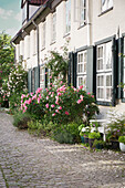 Blühender Innenhof mit Kletterrosen und Sitzplatz im Sommer