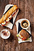 Coffee with sandwiches and baguette