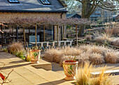 Sonnenbeschienene Terrasse mit Gräsern im Winter