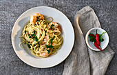 Spaghetti aglio e olio with chilli and prawns