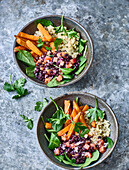 Quinoa bowl with adzuki beans and sweet potato fries