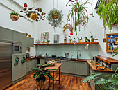 Küche mit hängenden und stehenden Zimmerpflanzen, grünen Schränken und Holzboden