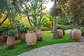 Terrakottagefäße auf Terrasse im sonnigen Garten in Marokko