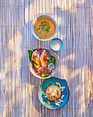 Butternut squash soup, grilled turkey skewers and coconut dessert