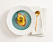 Blue leek and potato soup with cheese crostini