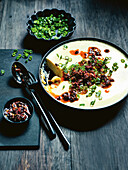 Cantonese-style steamed egg dish with chilli and shallots