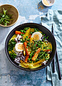 Vegetarian curry bowl with hard-boiled egg