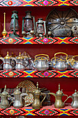 Saudi Arabia, Riyadh, Al-Dirah. Coffee and tea pots at the Souq Al-Zal.