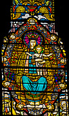 Virgin Mary, Baby Jesus colorful stained glass, Basilica of Notre Dame de Fourviere, Lyon, France.