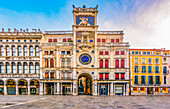 Torre dell'Orologio, St. Marks Clock Tower, Venice, Italy. Wide angle portrait of famous clock tower built in 1493, displays time, moon phase and sign of the Zodiac.