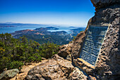 Mount Tam summit plaque and San Francisco Bay, Mount Tamalpais State Park, California, USA
