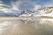 a long exposure to capture the afternoon light at Haukland beach during an winter day, Vestvagoy, Lofoten island, Norway, Europe