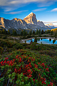 Limides lake and Tofana di Rozes at sunset during summer, Passo Falzarego, Dolomiti di Sesto Braies e d’Ampezzo, Belluno, Veneto, Italy, Western Europe