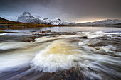 Dusk in a fjord near Flakstad, Flakstadoya, Nordland, Lofoten, Norway, Northern Europe
