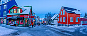 View of colourful buildings in the city centre at dusk in winter, Reykjavik, Iceland