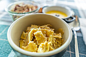 View of traditional pasta dish, Courmayeur, Aosta Valley, Italian Alps, Italy