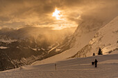 View of snow covered Aosta Valley and mountains from Pavillon du Mont Frety in winter, Courmayeur, Aosta Valley, Italian Alps, Italy